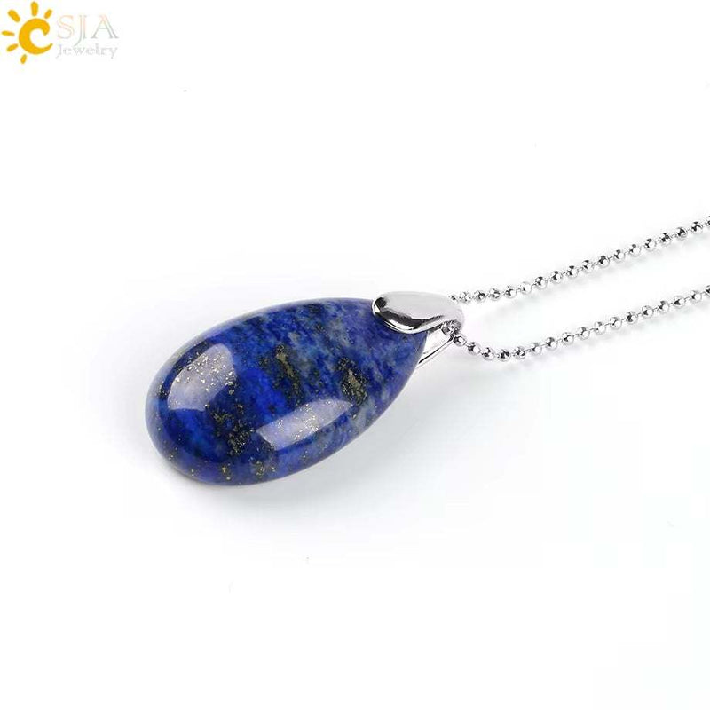 CSJA Natural Gem Stone Pendant Water Drop Necklaces Pendants Tiger Eye Lapis Lazuli Clear Crystal Opal Healing Jewellery E526