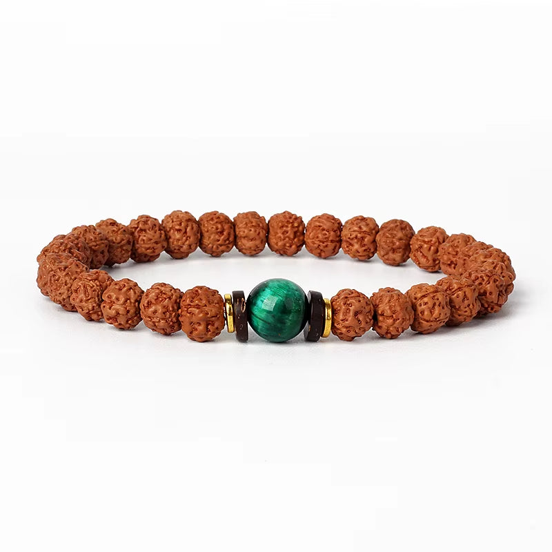 Royal Green Tiger Eye Vajra bracelet with natural Rudraksha beads for meditation and prayer