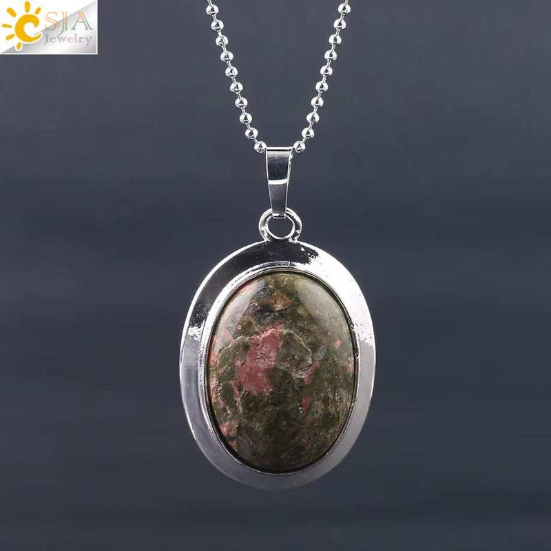 CSJA Oval Natural Gem Stone Pendant Necklaces Reiki Cabochon Crystal Beads Small Pendants for Women Girl Cute Charm Jewelry F564