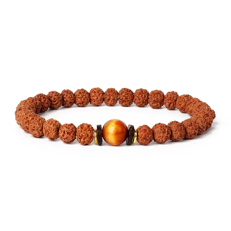 Royal Green Tiger Eye Vajra beaded Rudraksha meditation bracelet with natural wooden beads and central tiger eye stone