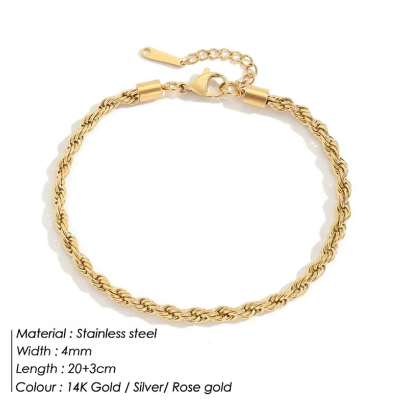 14K gold 316L stainless steel twisted rope anklet with lobster clasp and adjustable chain