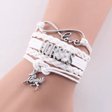 White leather braid wrap bracelet with Infinity Love Horses charms for women