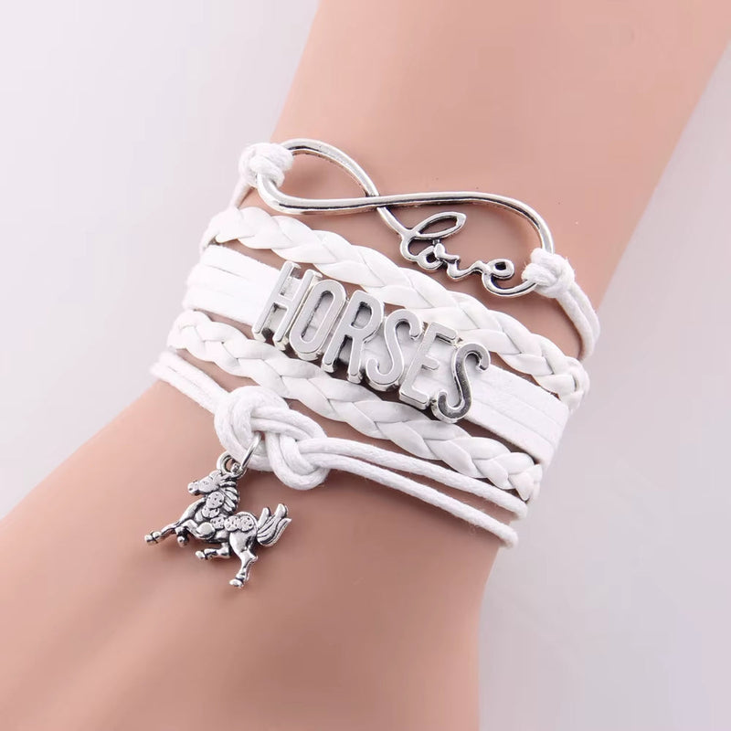 White leather braid wrap bracelet with Infinity Love Horses charms for women