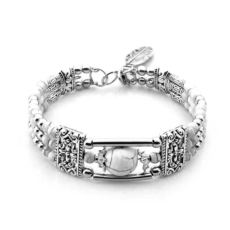 Vintage Natural Stone Bohemian Bracelet for Women Handmade Jewelry Blue round Beads Carved Boho Bracelets Bangles Femme Pulseras