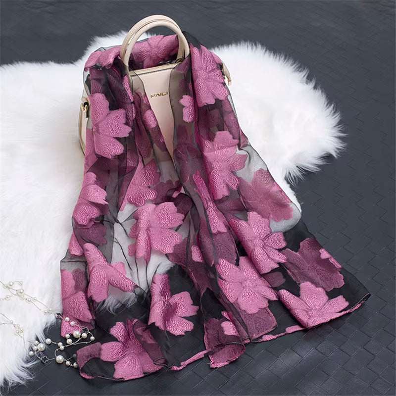 2023 Hot Sale Silk Scarf Womens Summer Breeze Lightweight Sheer Wrap and Shawls Bandana Beach Organza Gauze Lace Hollow Scarf