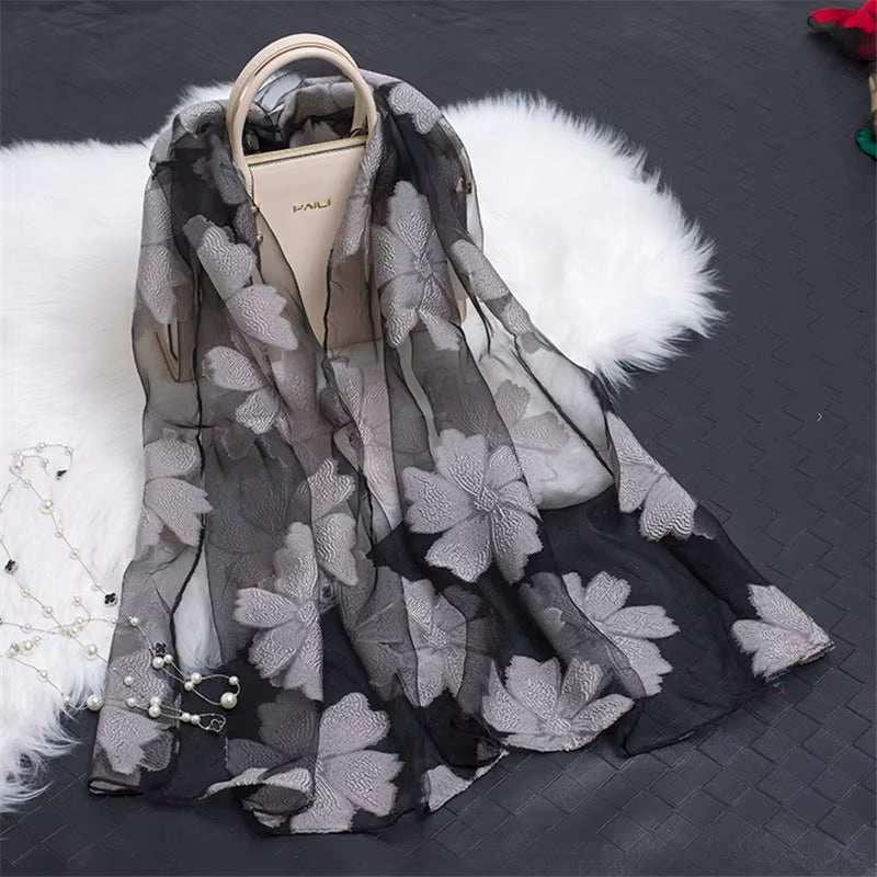 2023 Hot Sale Silk Scarf Womens Summer Breeze Lightweight Sheer Wrap and Shawls Bandana Beach Organza Gauze Lace Hollow Scarf