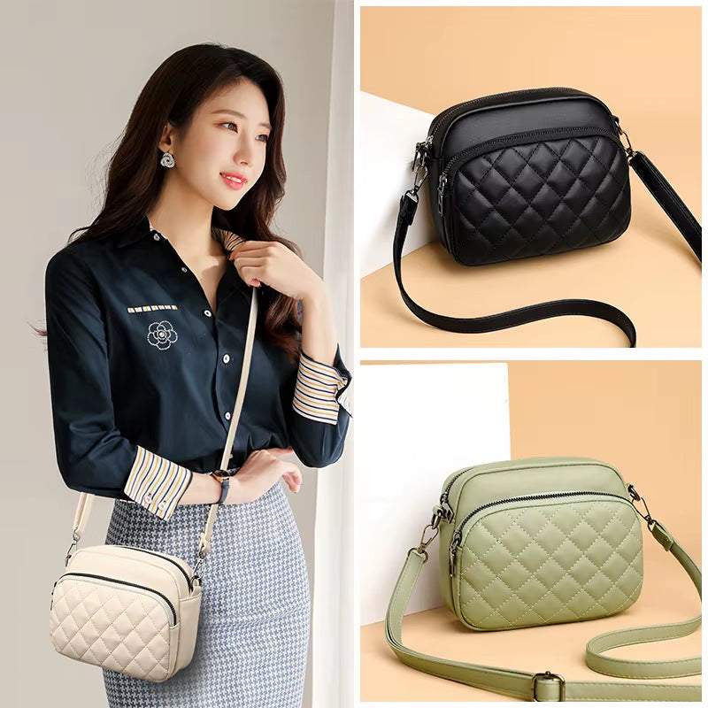 Diamond lattice women shoulder bag in black, green, and white quilted PU leather crossbody style