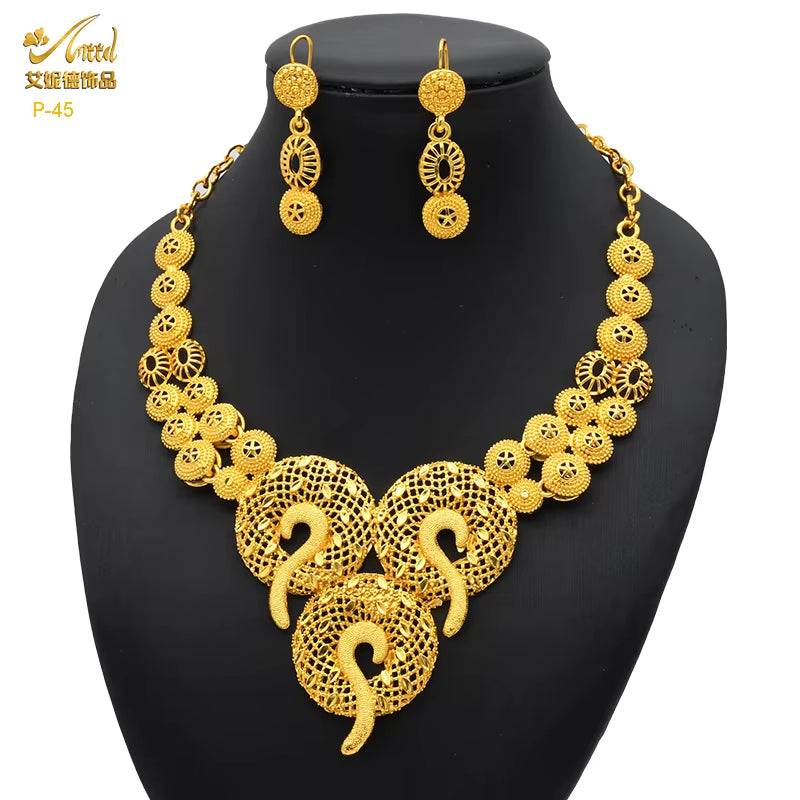 Indian Gold Colour Jewelry Sets Wedding Nigerian Necklace and Earrings 24K Gold Plated Jewellery Bridal Dubai Luxury Party Gifts