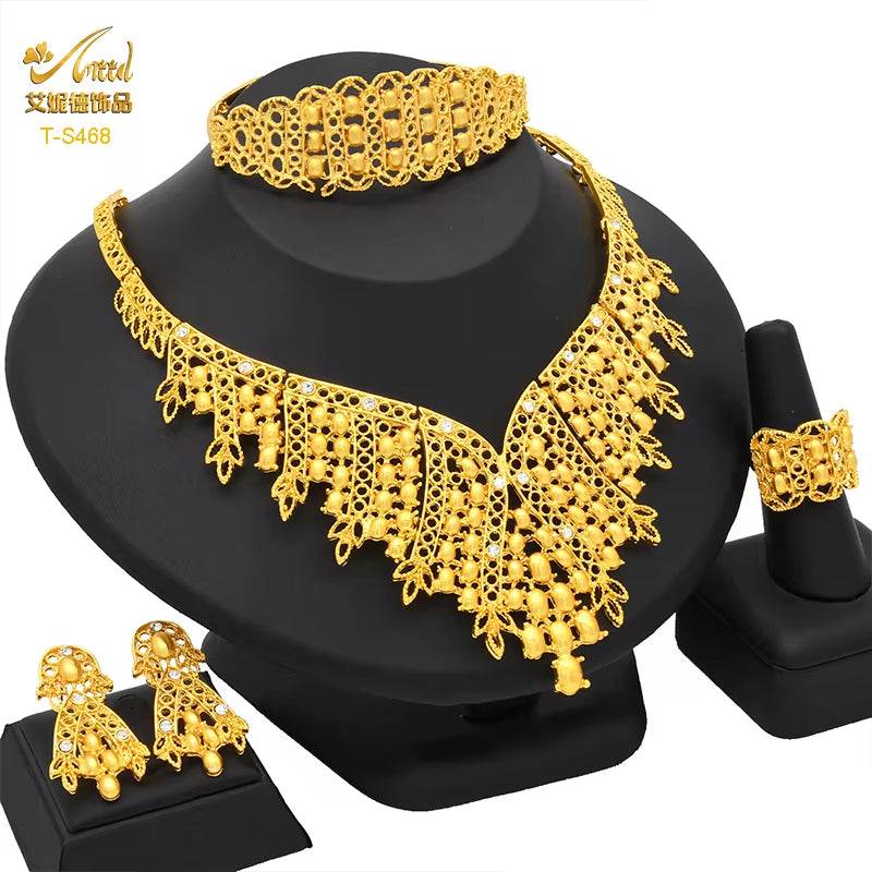 Indian Jewellery Luxury Necklace Jewelry Sets for Women Dubai Gold Color African Arabic Wedding Bridal Collection Sets Earring