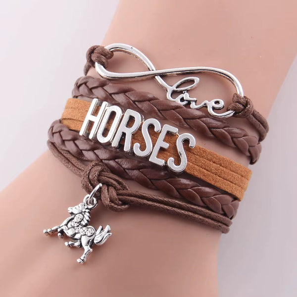 Infinity Love Horses women’s leather braid wrap bracelet with horse charm and silver love infinity symbol
