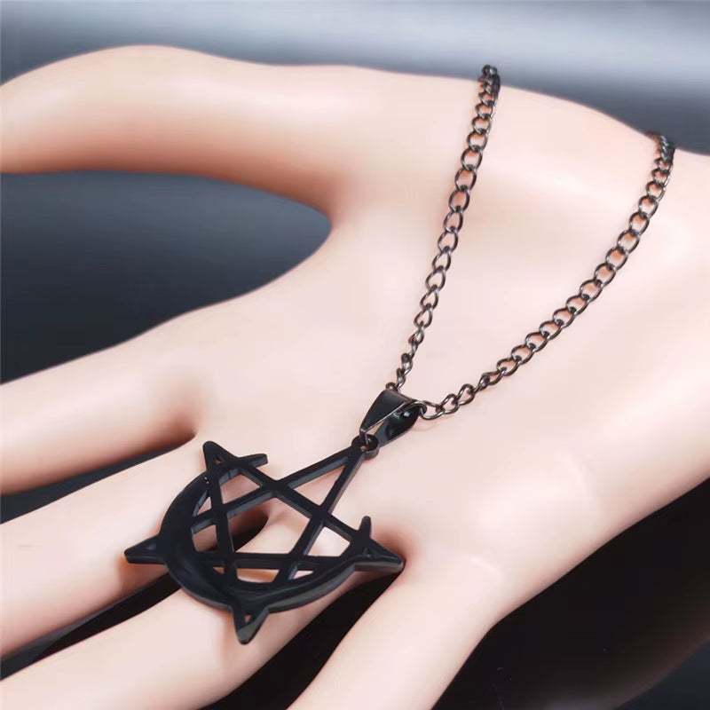 Gothic Moon and Pentagram Stainless Steel Neckless for Women Black Witchcraft Necklaces & Pendants Jewelry N4136S03