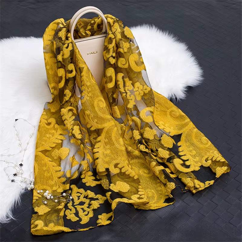 2023 Hot Sale Silk Scarf Womens Summer Breeze Lightweight Sheer Wrap and Shawls Bandana Beach Organza Gauze Lace Hollow Scarf