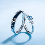 Silver Dream Planet Couple Rings with geometric design and blue gemstone accents