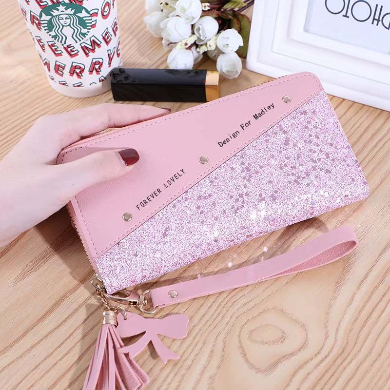 Fashion womens pink PU leather glitter wallet with wrist strap and decorative tassels