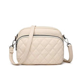 Diamond lattice pattern beige women's shoulder bag with crossbody strap and zipper closure