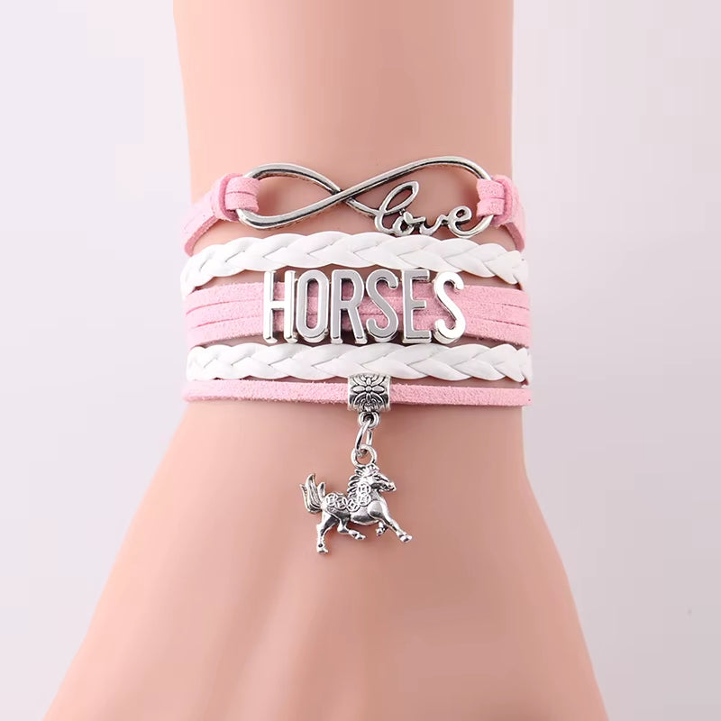 Infinity Love Horses pink leather braid wrap bracelet with horse charm for women