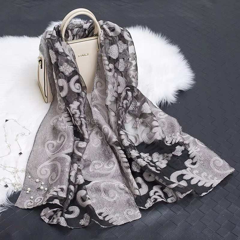 2023 Hot Sale Silk Scarf Womens Summer Breeze Lightweight Sheer Wrap and Shawls Bandana Beach Organza Gauze Lace Hollow Scarf