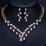 Dubai Gold Color necklace and earrings set with blue and white cubic zirconia stones on gold color plated solid copper band