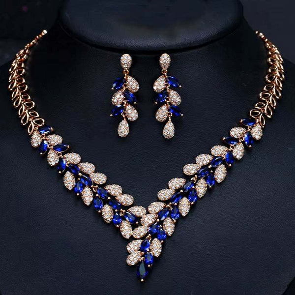 Dubai Gold Color necklace and earrings set with blue and white cubic zirconia stones on gold color plated solid copper band