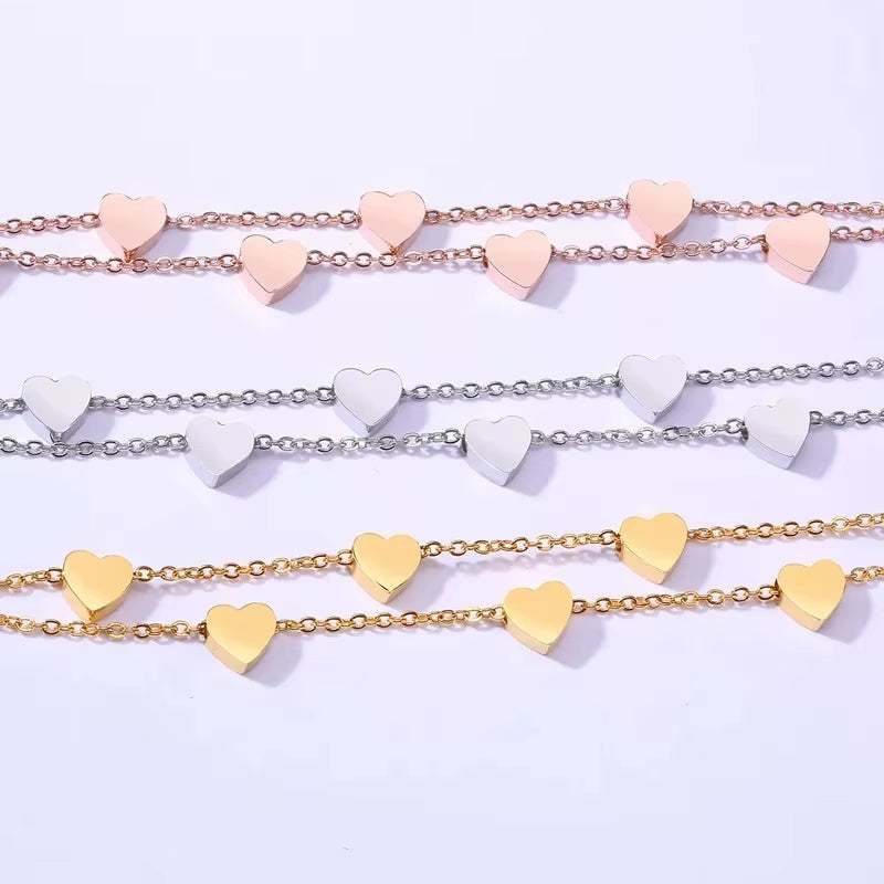 Charming Multiple Heart Double Bracelets&Bangles Three Color Stainless Steel Bracelets Statement Jewelry for Women Girls