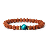 Royal Green Tiger Eye Vajra bracelet with natural rudraksha beads and blue tiger eye centerpiece.