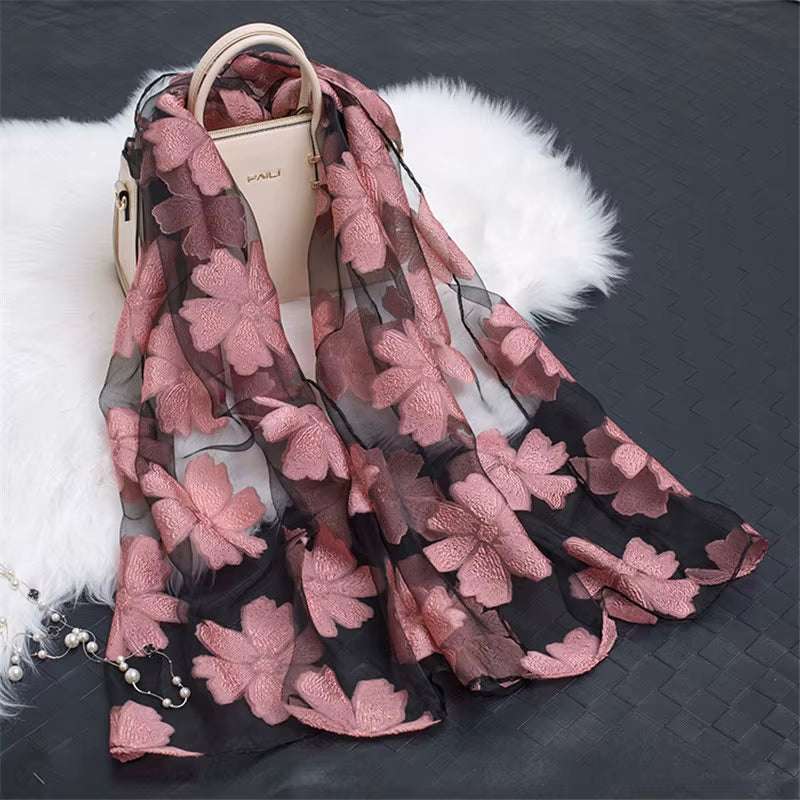 2023 Hot Sale Silk Scarf Womens Summer Breeze Lightweight Sheer Wrap and Shawls Bandana Beach Organza Gauze Lace Hollow Scarf