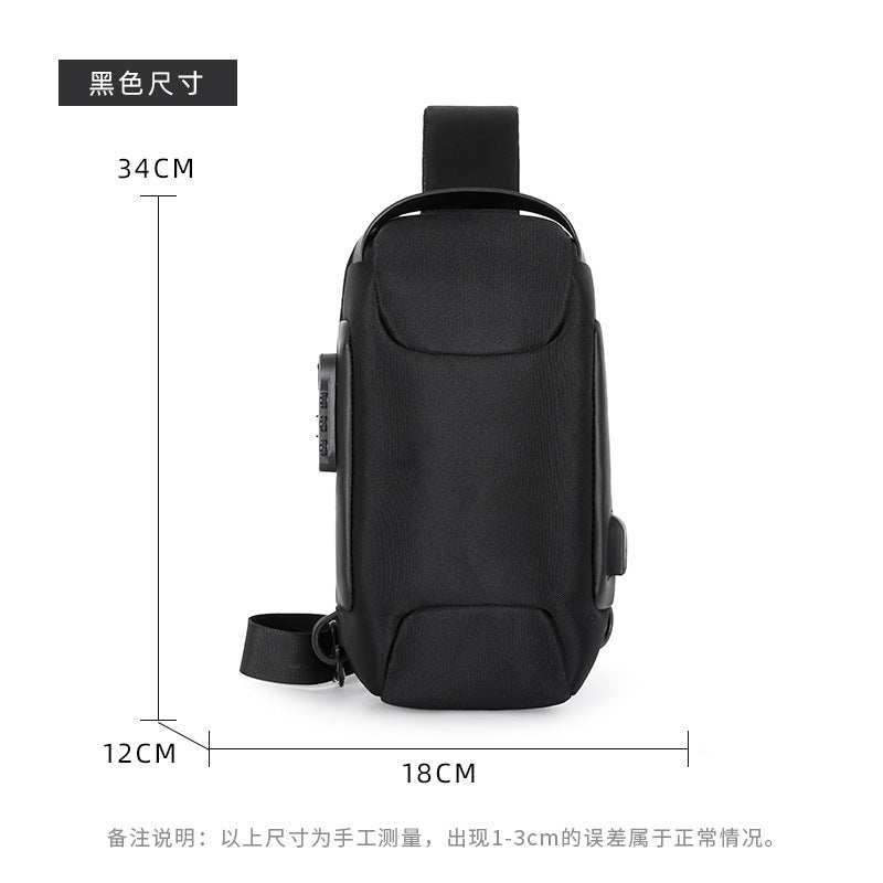 Black anti-theft sling bag with combination lock, waterproof 900D Oxford cloth and PU leather, compact and lightweight.