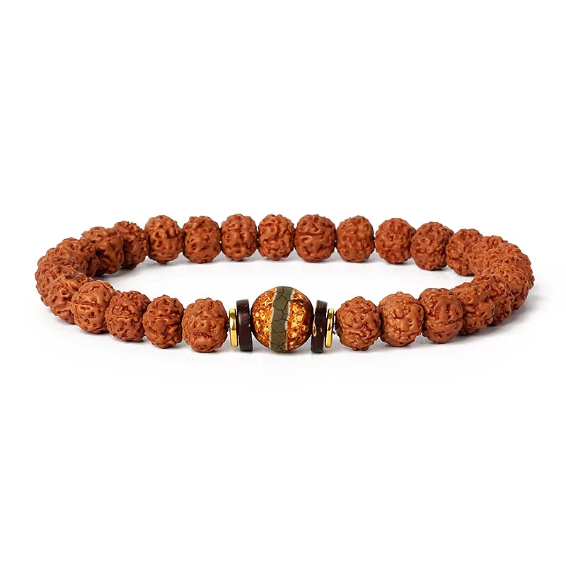 Royal Green Tiger Eye Vajra Rudraksha meditation beaded bracelet with natural seeds and tiger eye centerpiece