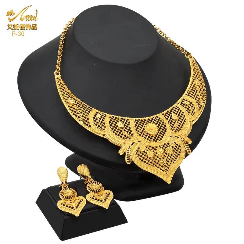Indian Gold Colour Jewelry Sets Wedding Nigerian Necklace and Earrings 24K Gold Plated Jewellery Bridal Dubai Luxury Party Gifts
