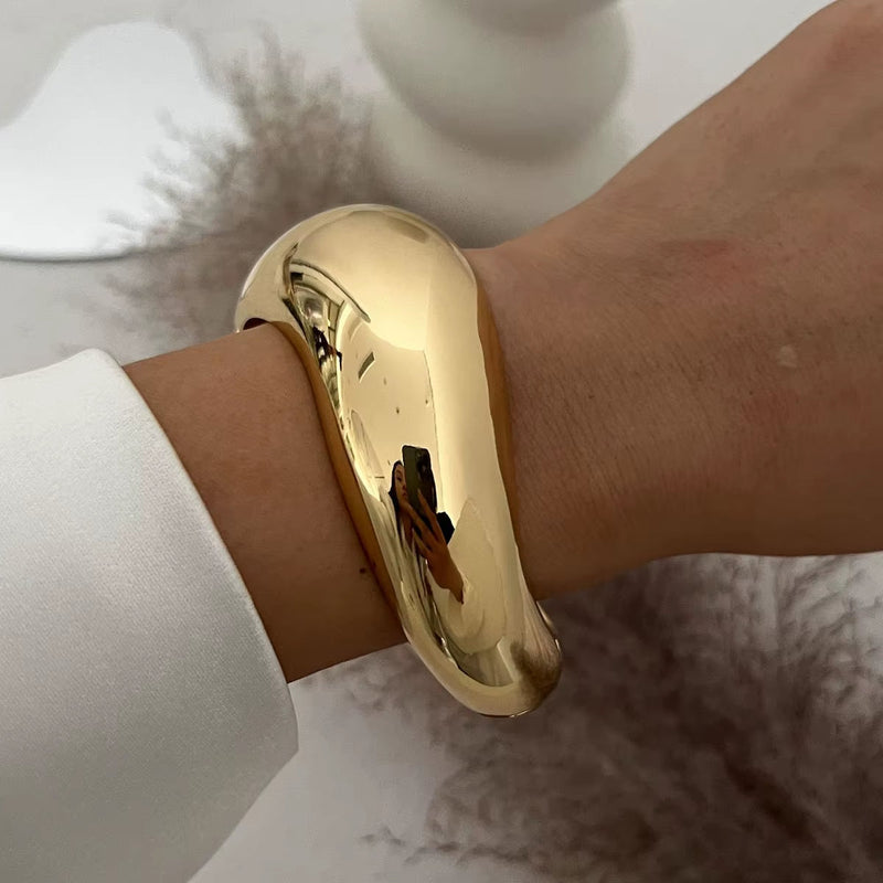 Punk Vintage Irregular glossy gold chunky cuff bangle bracelet on wrist