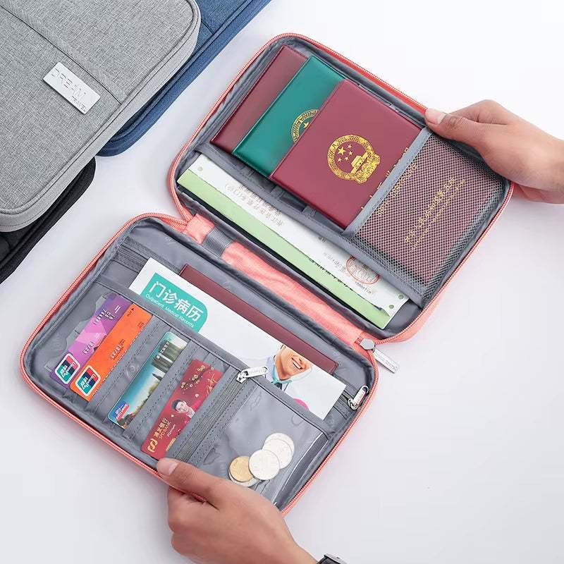 open waterproof passport holder travel wallet with passports, cards, and coins inside, organized Oxford fabric case