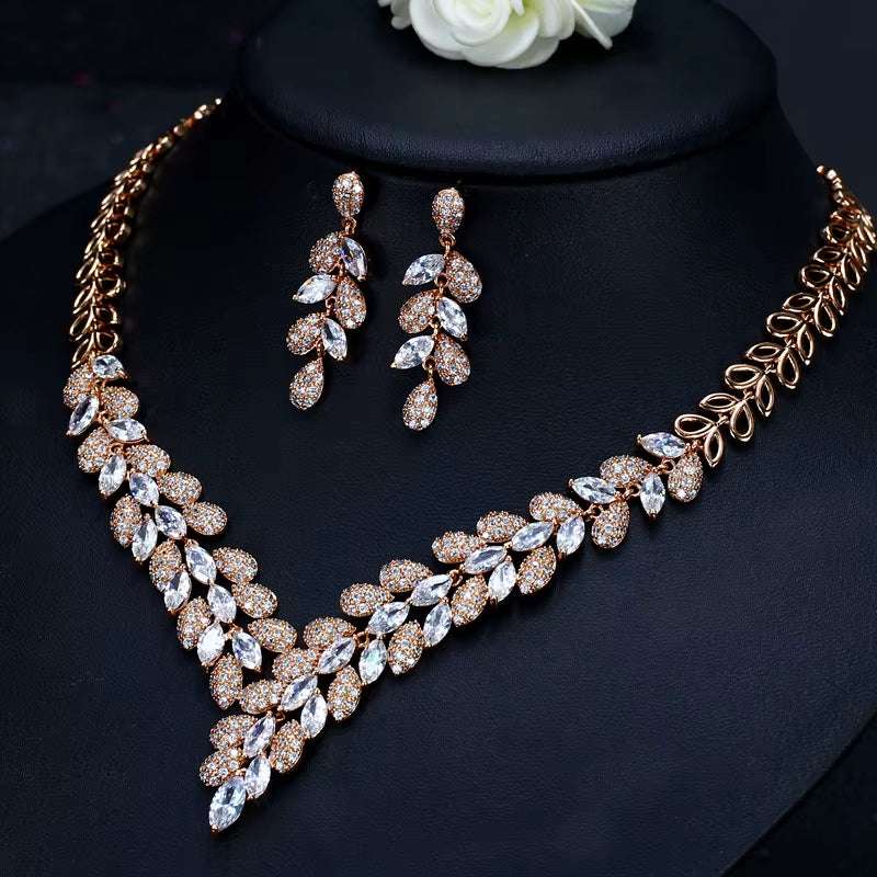 Dubai gold color necklace and earrings set with cubic zirconia crystals