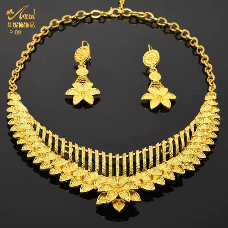 Indian Gold Colour Jewelry Sets Wedding Nigerian Necklace and Earrings 24K Gold Plated Jewellery Bridal Dubai Luxury Party Gifts