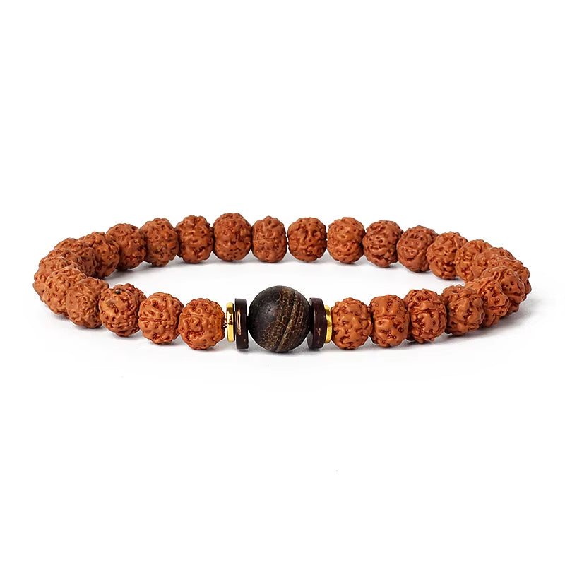 Royal Green Tiger Eye Vajra beaded Rudraksha meditation bracelet with natural wood beads and central tiger eye stone.