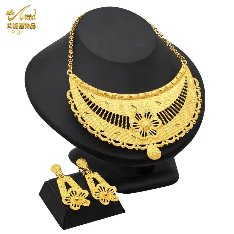 Indian Gold Colour Jewelry Sets Wedding Nigerian Necklace and Earrings 24K Gold Plated Jewellery Bridal Dubai Luxury Party Gifts