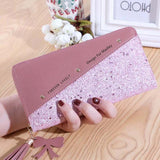 Fashion womens PU leather pink glitter wallet with tassel and bow charm