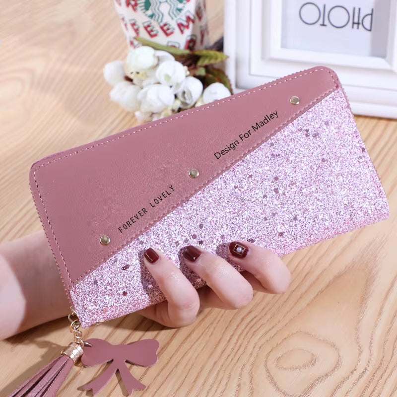Fashion womens PU leather pink glitter wallet with tassel and bow charm