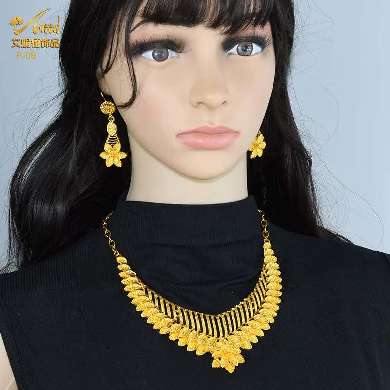Indian Gold Colour Jewelry Sets Wedding Nigerian Necklace and Earrings 24K Gold Plated Jewellery Bridal Dubai Luxury Party Gifts