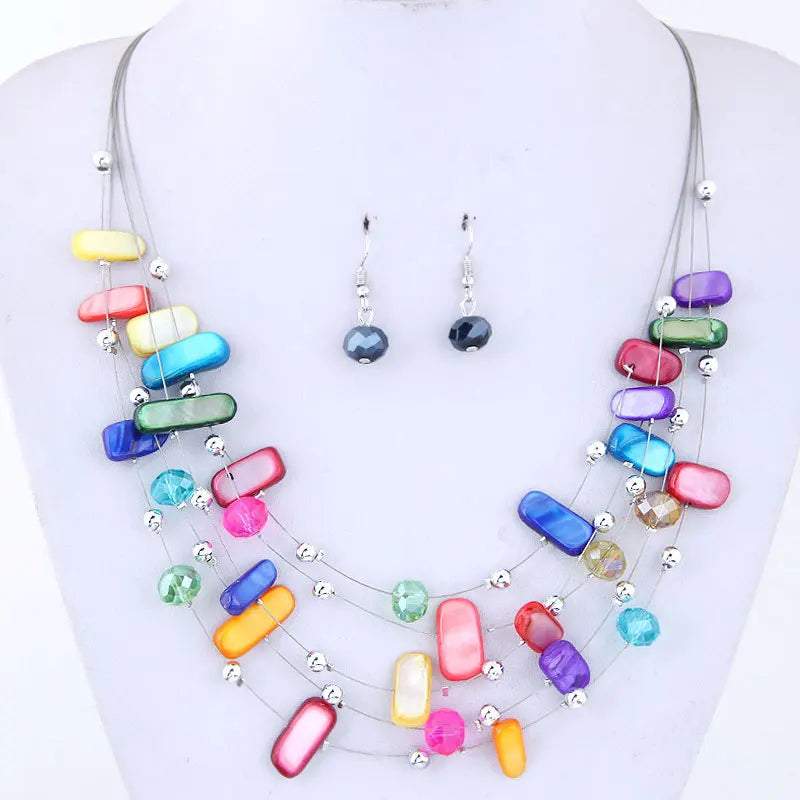 Women Bohemian African beads multicolor layered necklace with matching earrings set