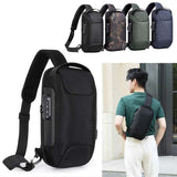 Durable waterproof sling bag with anti-theft combination lock in black, blue, army green, and camouflage colors