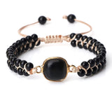 Adjustable black onyx natural stone beads bracelet with gold accent for men and women