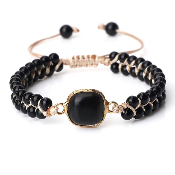 Adjustable black onyx natural stone beads bracelet with gold accent for men and women