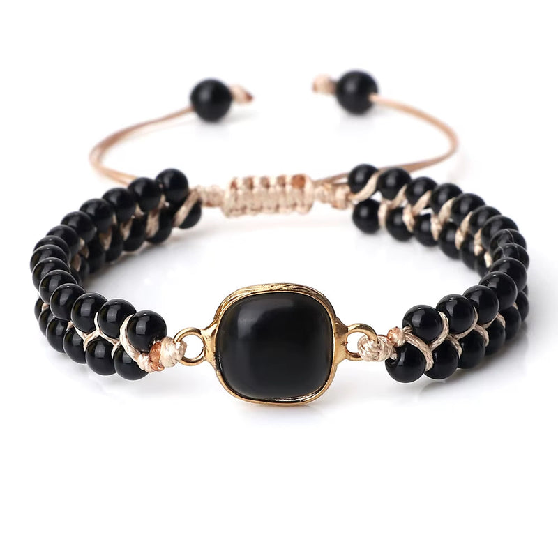 Adjustable black onyx natural stone beads bracelet with gold accent for men and women