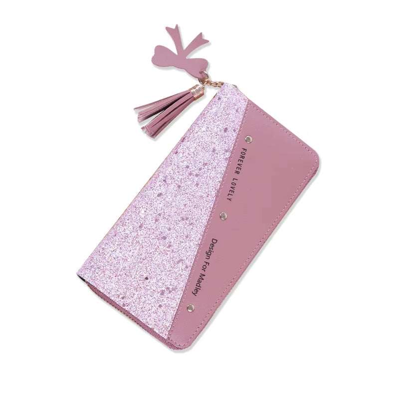 Fashion womens PU leather pink glitter wallet with tassel and butterfly charm