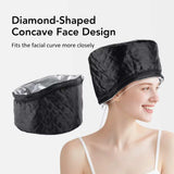 Portable electric thermal hat with diamond-shaped concave face design for close facial fit, black quilted hair steamer cap for deep conditioning and heat therapy.