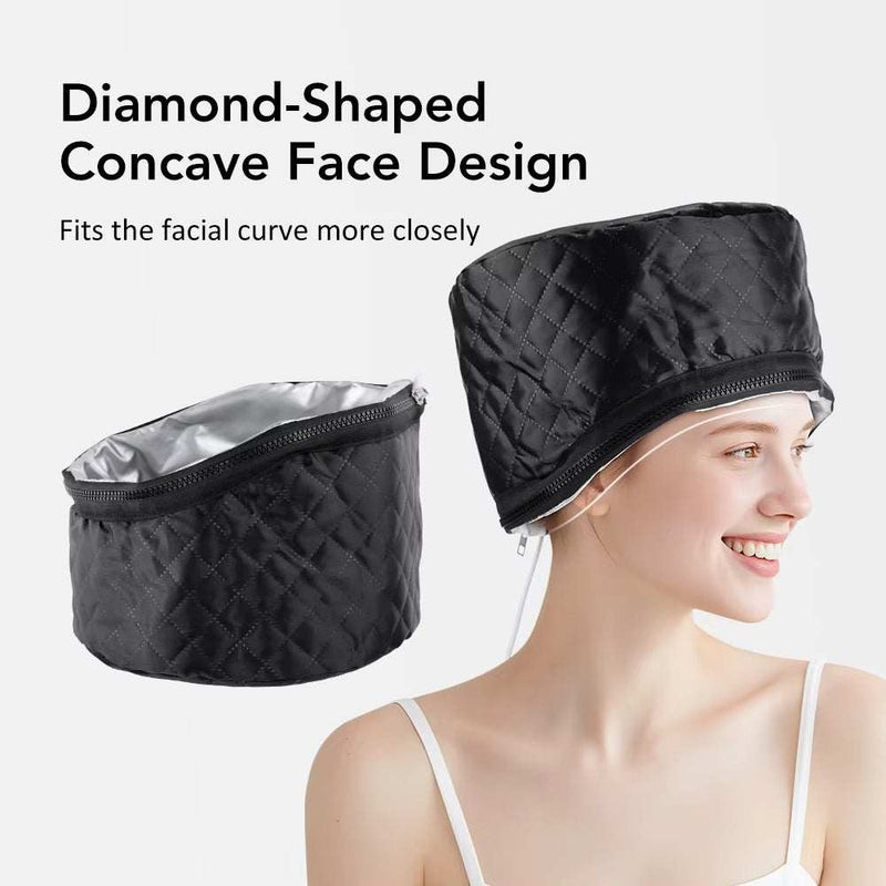 Portable electric thermal hat with diamond-shaped concave face design for close facial fit, black quilted hair steamer cap for deep conditioning and heat therapy.