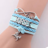Infinity Love Horses women's blue leather braid wrap bracelet with horse charm and silver infinity love detail