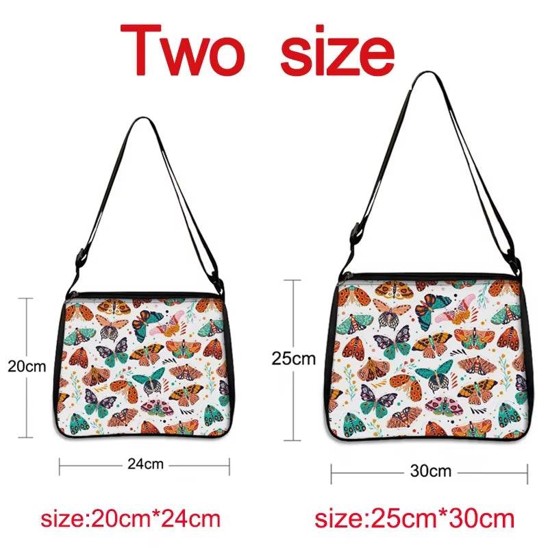 Butterfly print small shoulder bags in two sizes, adjustable black strap crossbody purses