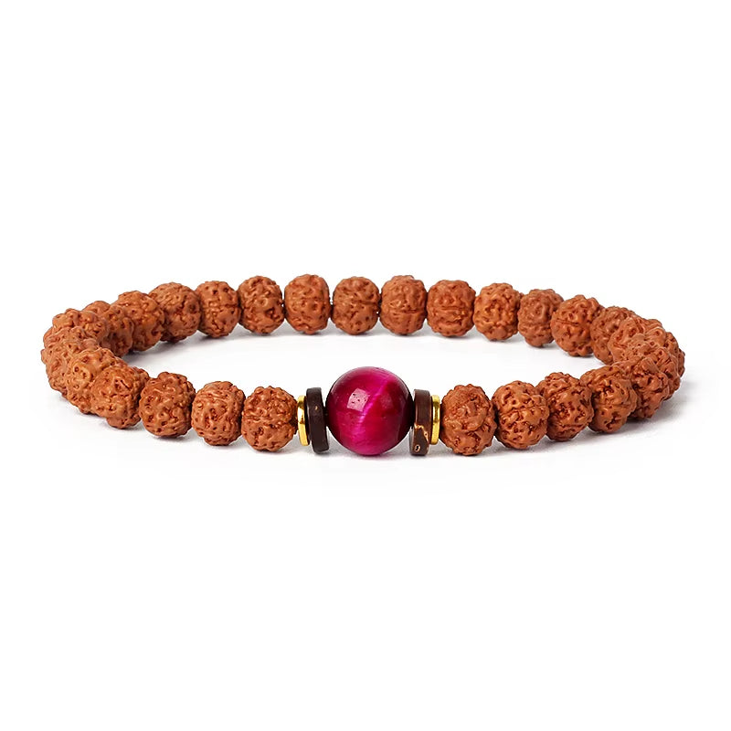 Royal Green Tiger Eye Vajra bracelet with natural Rudraksha beads and purple Tiger Eye centerpiece