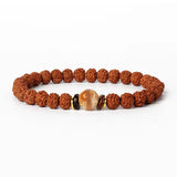 Royal Green Tiger Eye Vajra Rudraksha beaded meditation bracelet with central tiger eye stone and natural brown beads